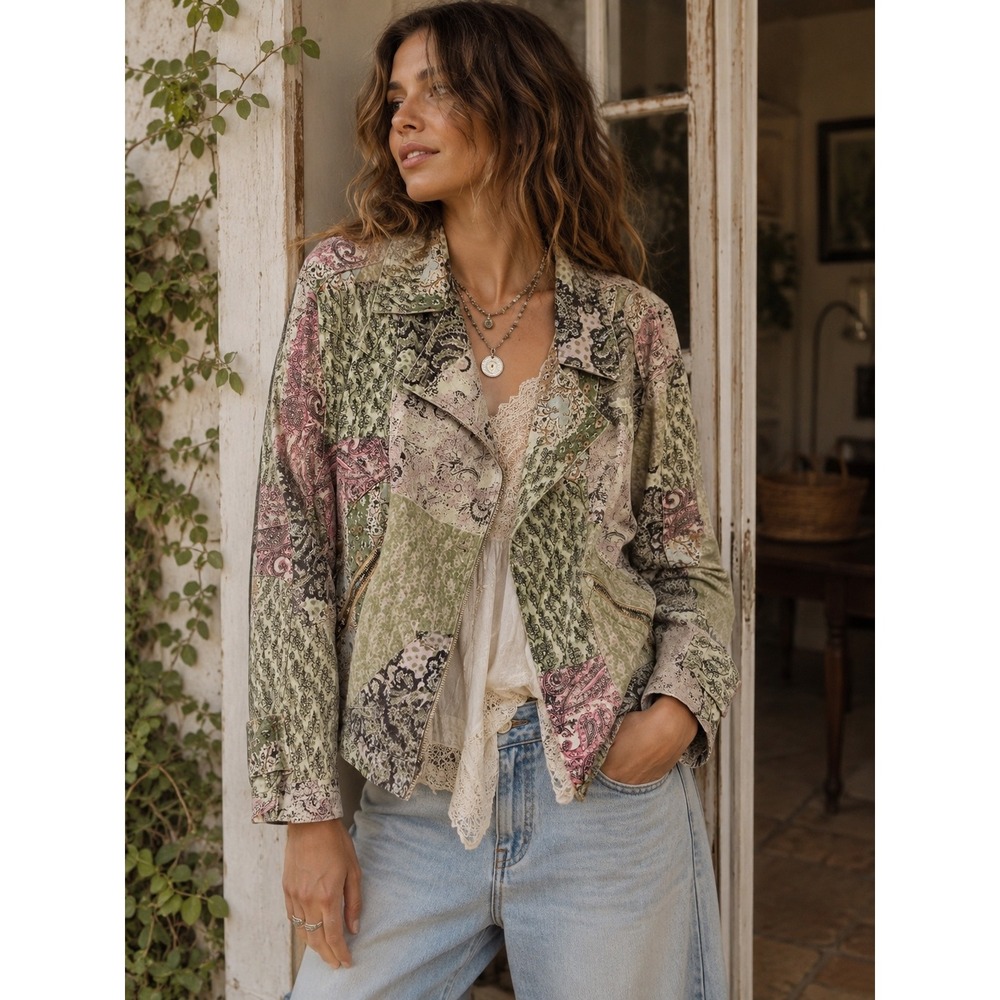 Free People Nadia Moto Denim Jacket Pierced Mix Print Patchwork Green Pink Large